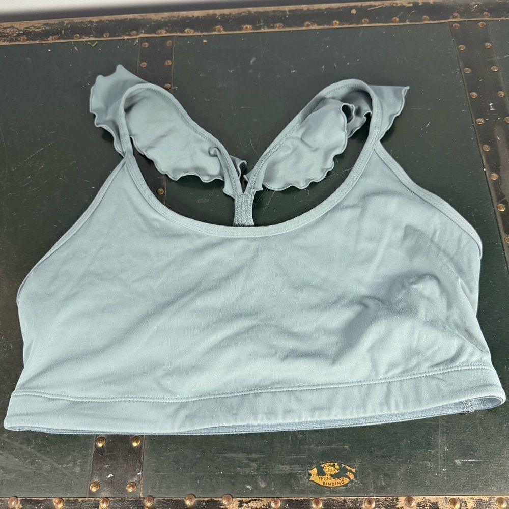 JoyLab Women L Large Sports Bra Storm Blue Gray Ruffle Strap Racerback Athletic